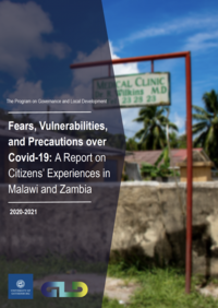 Cover page of a report titled "Fears, Vulnerabilities, and Precautions over COVID-19: A report on Citizen's Experiences in Malawi and Zambia."