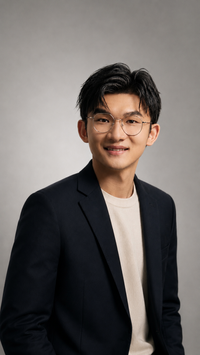 Asian young man with black hair, black blazer, white shirt against a grey background. 